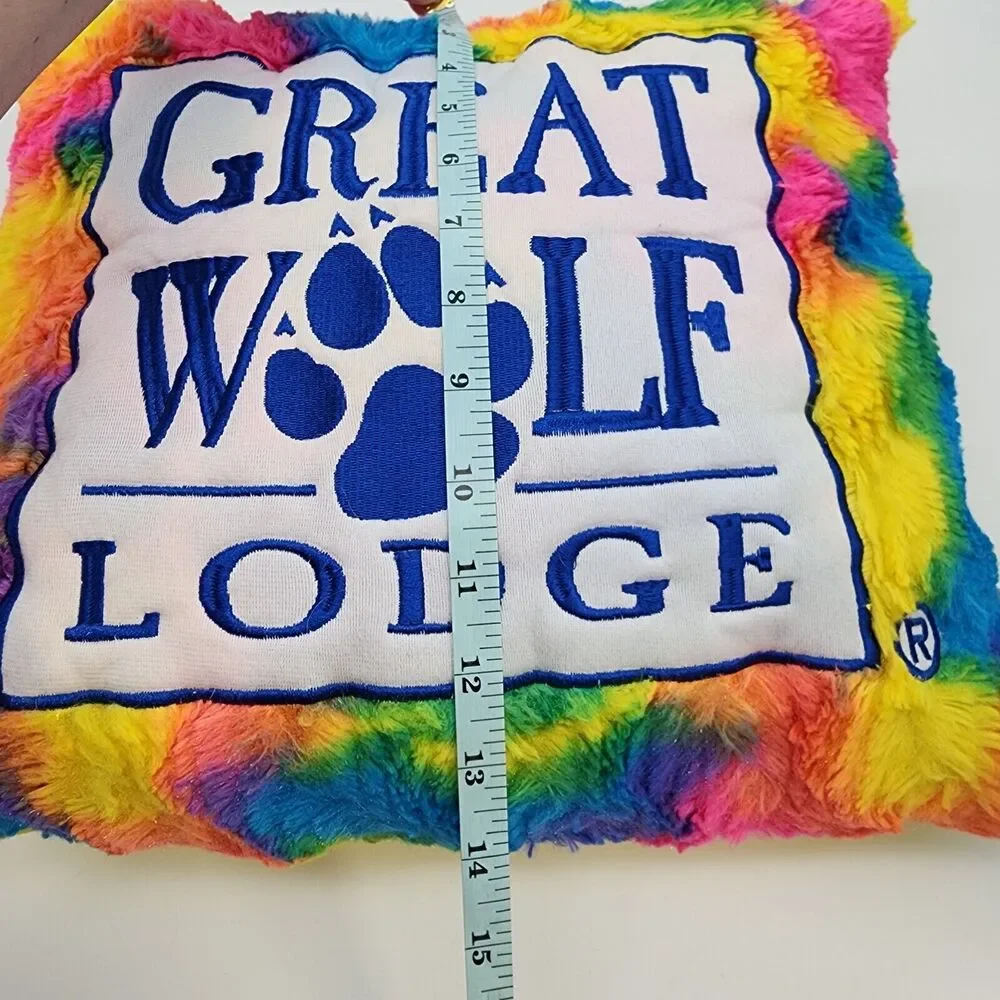 Great Wolf Lodge Plush Throw Pillow Rainbow Tie Dye Yellow Back Decorative 14x14